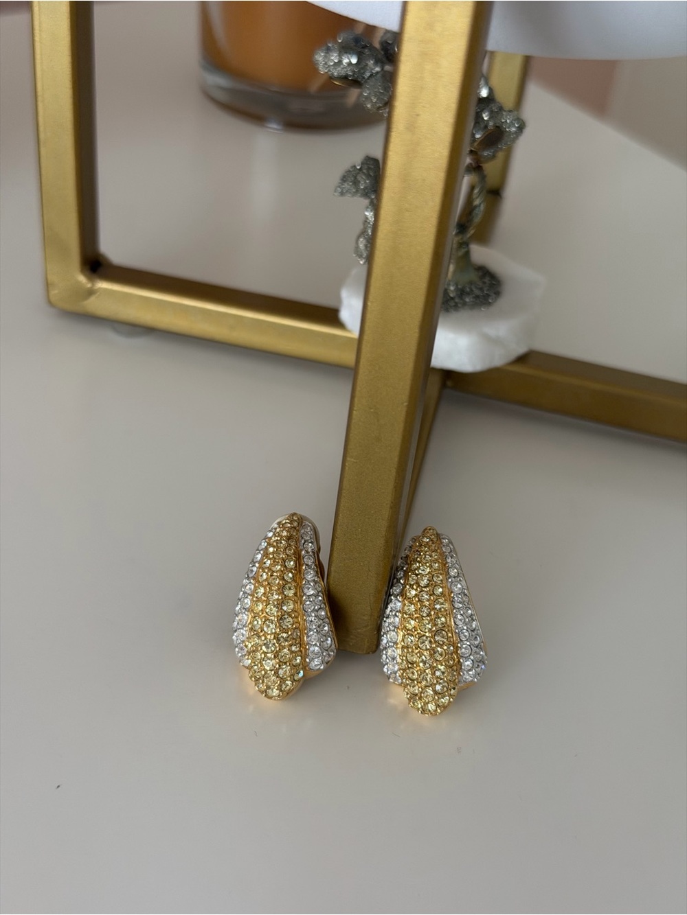 Vintage Swarovski Yellow & Clear Crystal Pavé Teardrop Clip-On Earrings